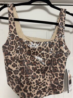 Madden Leopard Sequin Tank Top - Beige/Brown